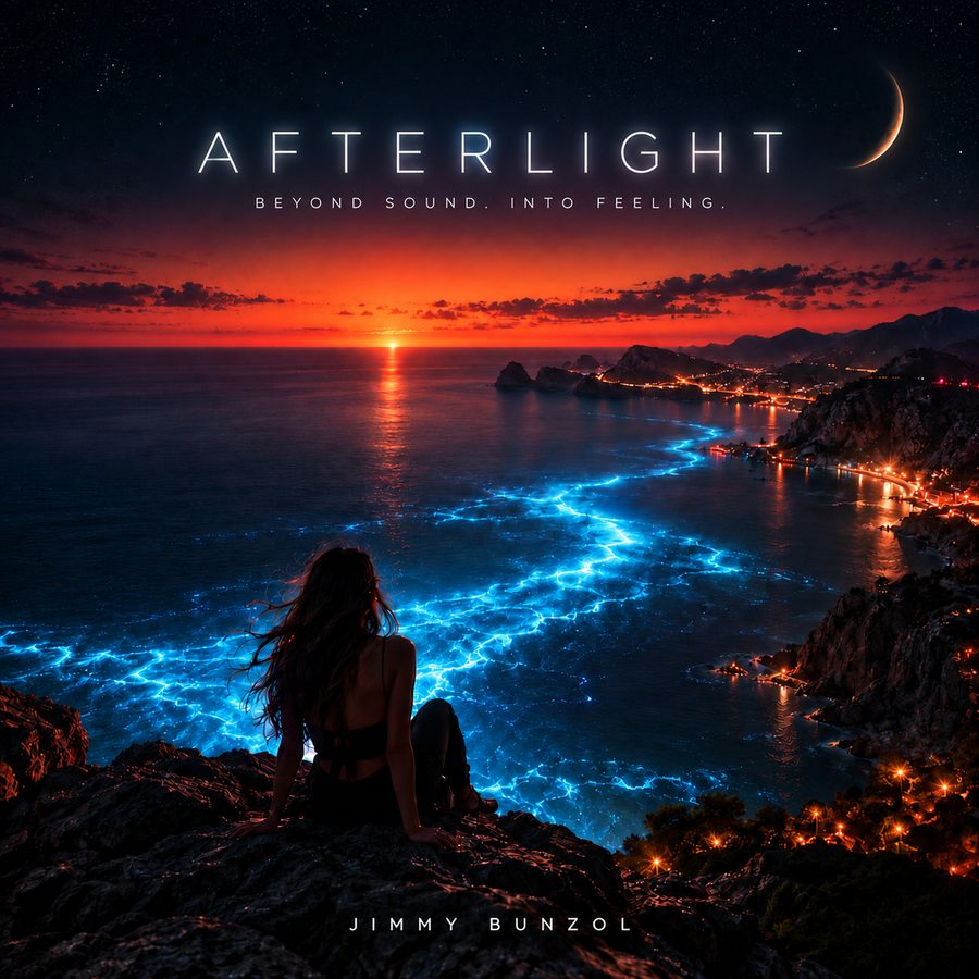 Afterlight album cover: a woman watching a glowing blue shoreline at sunset